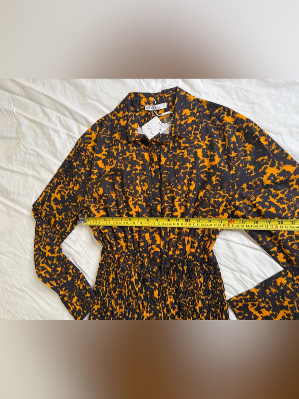 Free People x Third Form Blur Out Shirred Shirt Dress NWT Orange Abstract US 8 - Picture 9 of 12